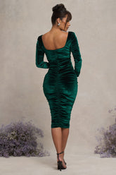 Bottle Green Velvet Maternity Square Neck Ruched Midi Dress